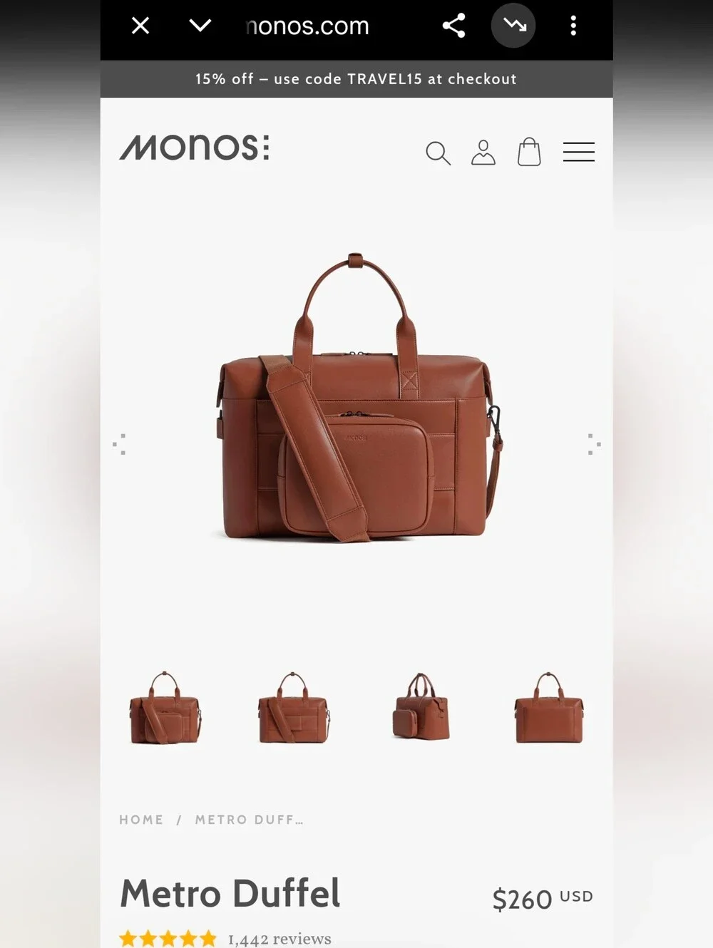 Monos Metro Duffel with QuickSnap Metro Kit - Saddle Tan Vegan Leather